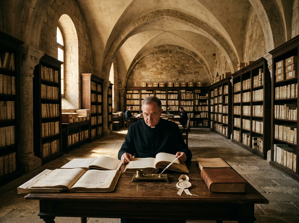 Archivo histórico y biblioteca canónica con bóvedas de piedra y documentos eclesiásticos