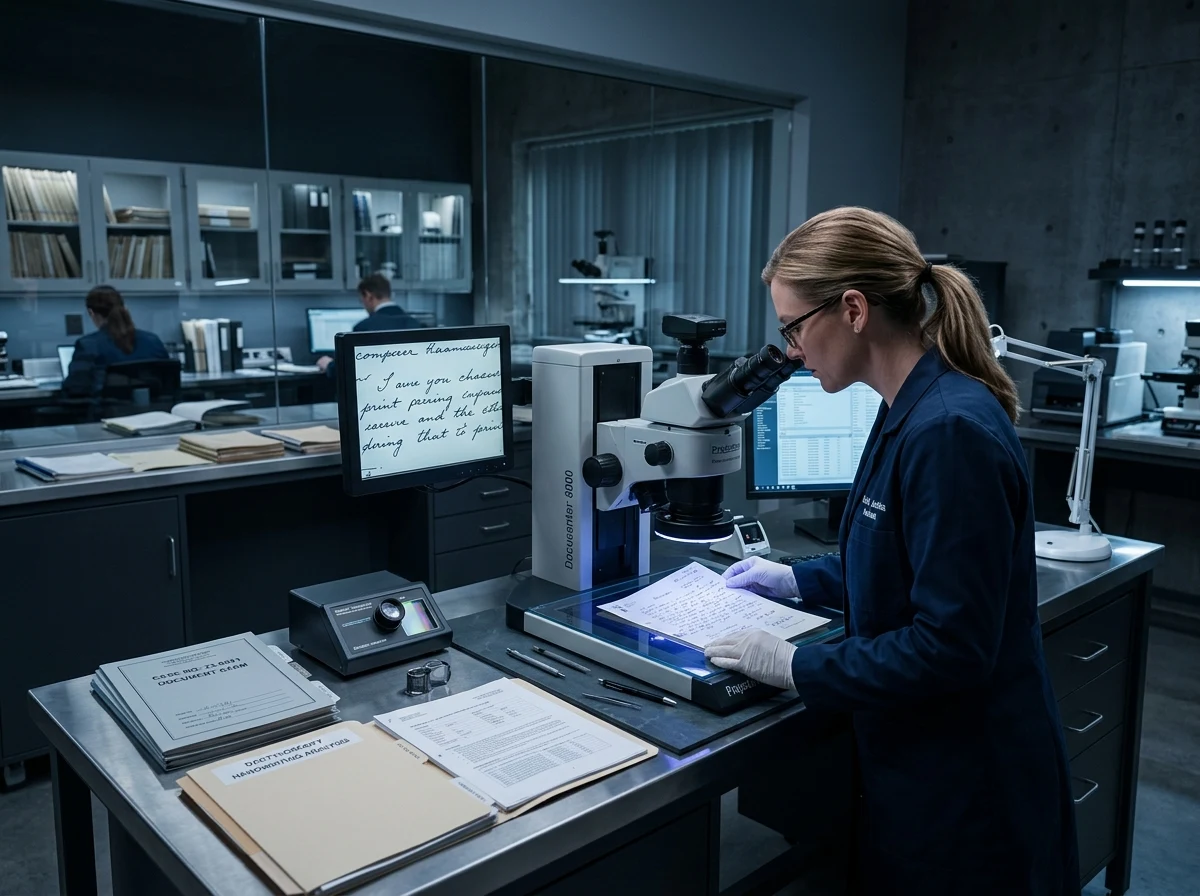 Laboratorio de ciencias forenses con microscopio óptico y análisis pericial documental